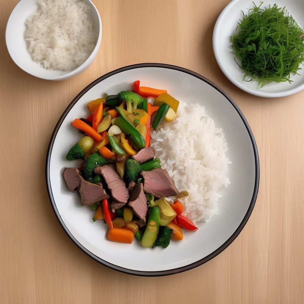 Stir-Fried Vegetables with Beef on Rice