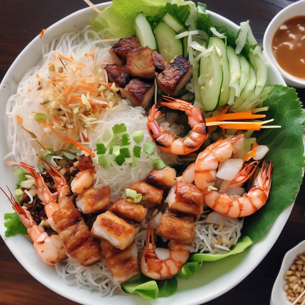 Grilled Prawns, Spring Roll, and Nem Vermicelli