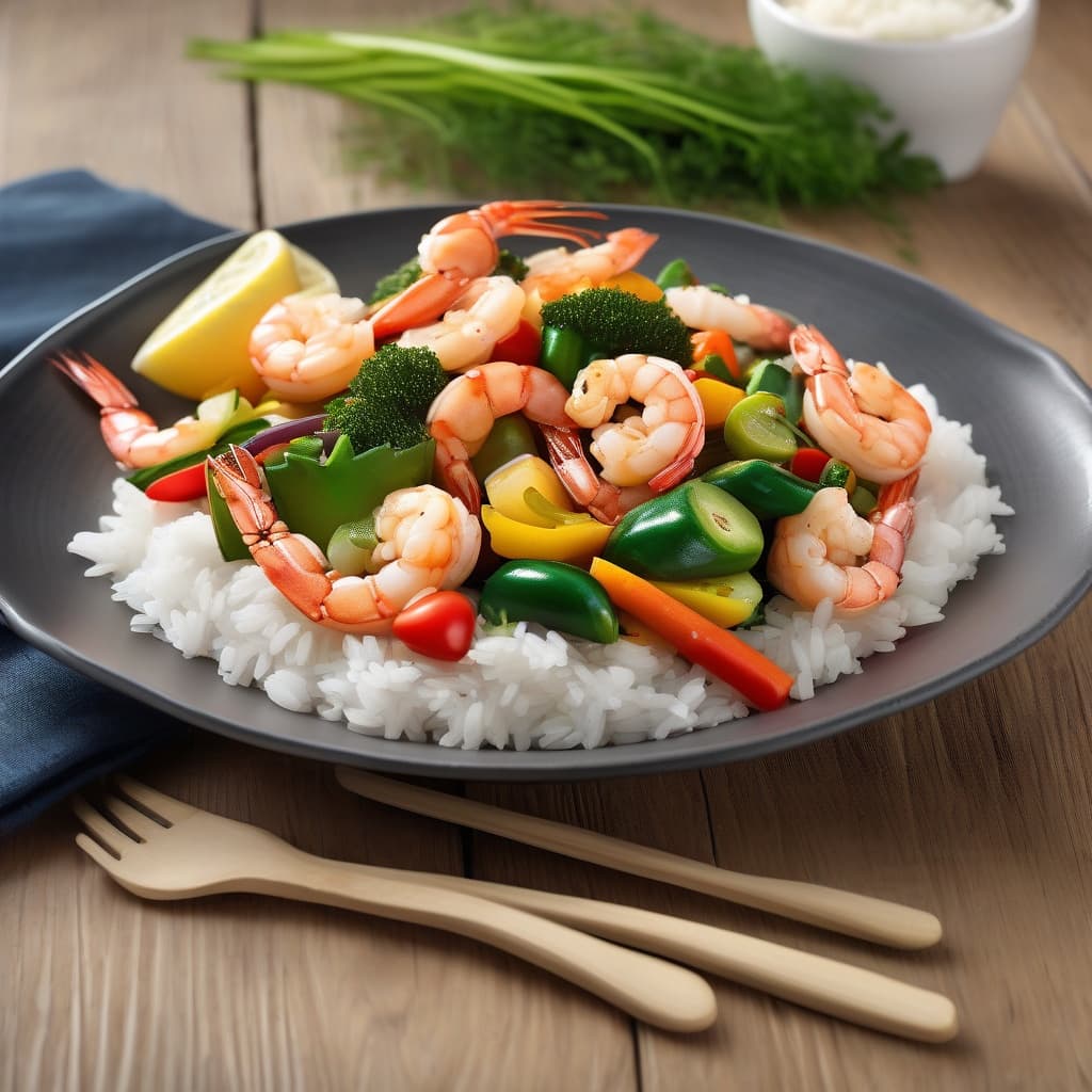 Stir-Fried Vegetables with Shrimp on Rice