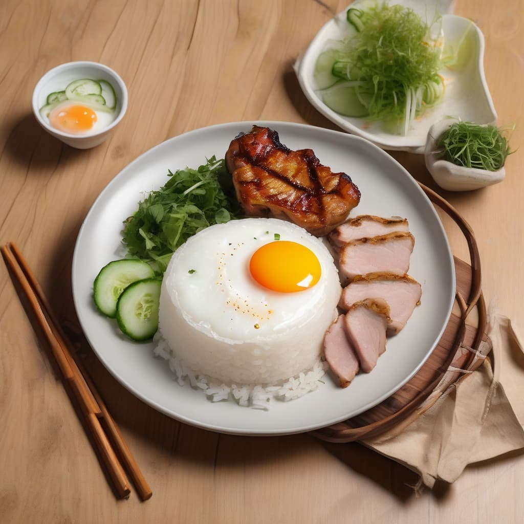 Grilled Pork Chop, Chicken, Fried Egg & Spring Rolls on Rice