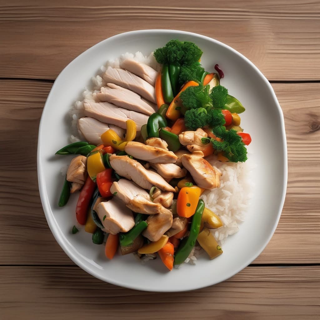 Stir-Fried Vegetables with Chicken on Rice